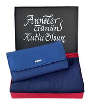 Anneler Günü Lacivert Penye Şal Karlino Cüzdan Kadın Set