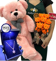 Fotoğraflı VIP Set - 925 Ayar Işıklı Kutuda Gümüş Kolye & Pembe Ayıcık & 7'li Ayıcık Buket (Model 3)