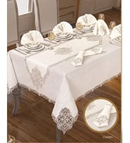 Elegant Linen Yemek Takımı Masa Seti 12 Kişilik 26 Parça Supla Runner Set Krem-Gümüş