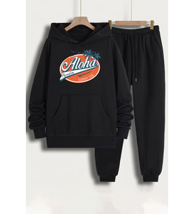 Unisex Aloha Baskılı Eşofman Takımı (Siyah)