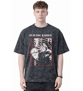 Tasarım Jujutsu Kaisen Itadori Yuji Anime Baskılı Unisex Oversize Eskitme Yıkamalı Tişört