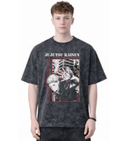Tasarım Jujutsu Kaisen Itadori Yuji Anime Baskılı Unisex Oversize Eskitme Yıkamalı Tişört