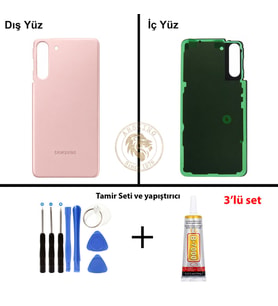Samsung Galaxy S21 Pembe Renk Arka Kapak + Tamir Seti + B7000 Yapıştırıcı Arka Cam Batarya Kapağı Pil Kapağı Lazer Kesim Back Cover Galaxy S21 Uyumlu