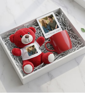 Kişiye Özel Fotoğraflı Kırmızı Peluş Ayıcık & Çerçeve & Kırmızı Kupa Hediye Seti