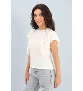 T-shirt Bisiklet Yaka Kolları Fırfırlı - Beyaz