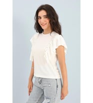 T-shirt Bisiklet Yaka Kolları Fırfırlı - Beyaz