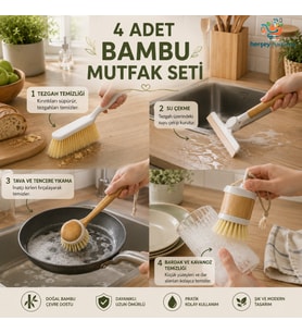 4 Lü Mutfak Temizlik Seti Bambu Saplı Mutfak Yardımcısı Süpürge - Çekçek - Bardak Fırçası - Tabak Fırçası Sert App Kıllar Çok Amaçlı Bambu Temizlik Seti