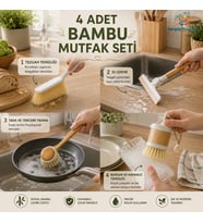 4 Lü Mutfak Temizlik Seti Bambu Saplı Mutfak Yardımcısı Süpürge - Çekçek - Bardak Fırçası - Tabak Fırçası Sert App Kıllar Çok Amaçlı Bambu Temizlik Seti