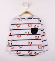 Toontoy Kız Bebek T-Shirt Çizgili Cepli Tilki Baskı (Beyaz)