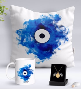 BK Gift Kişiye Özel Nazar Temalı Yastık Kupa ve Açılan Nazar Kolye Hediye Seti-2 (Model 1)