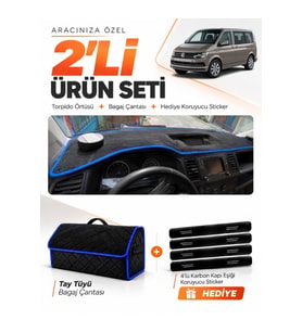 VOLKSWAGEN TRANSPORTER T6 ÇUKURLU (2015-2020) Uyumlu Torpido Örtüsü + Tay Tüyü Çanta Seti - Siyah Mavi