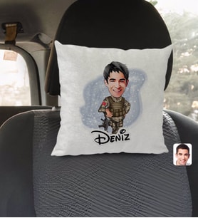 BK Gift Kişiye Özel İsimli Asker Karikatürlü Kare Araç Koltuk Yastığı-2