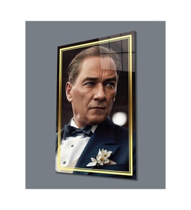 Atatürk Portre Dikey Cam Tablo Hediyelik Büyük Tablo Ev Ofis Dekoru (Çok Renkli)
