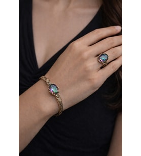 Kadın Bakır Bileklik Yüzük Set Mistik Topaz Oval Model Taşlı Kelepçe Bilezik