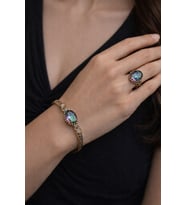 Kadın Bakır Bileklik Yüzük Set Mistik Topaz Oval Model Taşlı Kelepçe Bilezik