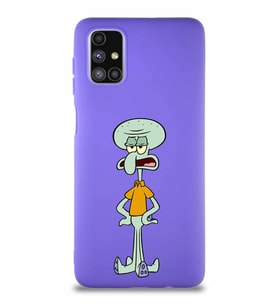 Samsung Galaxy M51 Soft Premier Kapak Squidward Dokunaç Tasarımlı Silikon Kılıf - Mor (Şeffaf)