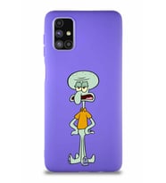 Samsung Galaxy M51 Soft Premier Kapak Squidward Dokunaç Tasarımlı Silikon Kılıf - Mor (Şeffaf)