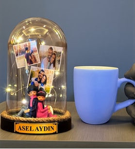 Size Özel Tasarım Led Işıklı Fanus ve Turkuaz Kupa Bardak Hediye Seti (Model 8)