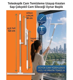 Teleskopik Cam Sileceği 123 Cm Uzayan Sap 50 Cm Silikon Çekçek Oynar Başlıklı Fayans Cam Temizleme A