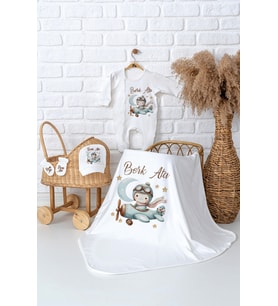 Pia Baby Premium  %100 Pamuk İsme Özel Erkek Bebek Hastane Çıkışı Tulumlu Bebek Hediye Seti 5024-05 (Ekru)