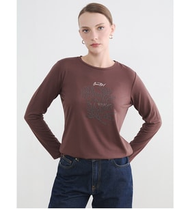 LCW EVERYDAY Kahverengi Bisiklet Yaka Taşlı Kadın Body