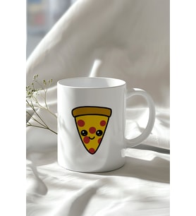 Sevimli Pizza Dilimi Figürlü 330ml Baskılı Beyaz Seramik Kupa Bardak