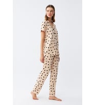 Akbeniz Kadın Krem Rengi Kalp Desenli Önden Düğmeli Pijama Takımı