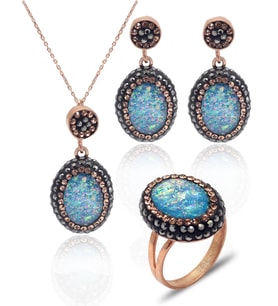 Turkuaz Paraiba ve Swarovski Taşlı 925 Ayar Gümüş Kadın Üçlü Set 201025580