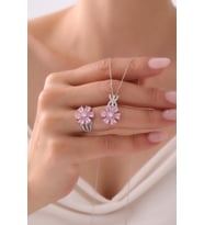 Gümüş Unutma Beni Çiçeği Kolye & Yüzük Seti - 925 Ayar Gümüş Set