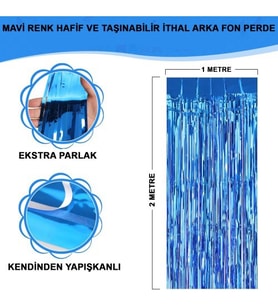 Ekstra Metalize Mavi Renk Saçaklı Arka Fon Perde 1x2 metre (Karışık)