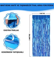 Ekstra Metalize Mavi Renk Saçaklı Arka Fon Perde 1x2 metre (Karışık)