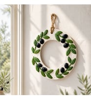 Serpils Atelier El Yapımı Beton Zeytin Dalı Yuvarlak Duvar Dekoru - 20 cm El Boyaması Modern Duvar Süsü - Akdeniz Esintili Zeytin Çelengi Askılı Panosu - İç ve Dış Mekan Uyumlu Modern Duvar Süsü