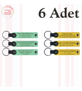 Yeşil & Sarı, Aile Tatiline Özel Küçük Anı, 6’lı Set, İsim Yazılabilen Deri Anahtarlık