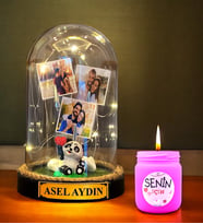 Kişiye Özel İsimli 3 Fotoğraflı Fanus ve Pembe Mis Kokulu Mum  Kişiye Özel Hediye Seti (Model 4)