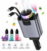 UltrateKno C7 Araç Şarj Cihazı 5in1 45W Hızlı Şarj Oto Parfüm Difüzör Type-C & Lightning Makaralı Kablo RGB Yıldız Işığı Araç İçi Nemlendirici