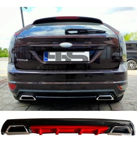Ford Focus 2 HB Difüzör Arka Tampon Eki 2 Egzoz Çıkışlı Kırmızı Lüx Tip