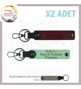 Motorcu Dostlara Özel, İsim Plaka ve B Rh (-) Kan Grubu Yazılı x2 Anahtarlık Set, Yeşil-Bordo-Gr (Çok Renkli)