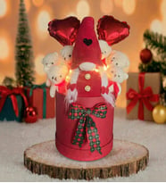 Yeniyıl ÖZEL Seri: LED Işıklı, Noel ELF Cüce Figürlü, Kalp Balon ve 6 Ayıcıklı Özel Konsept Tasarım Ayıcık Buketi (Pembe)