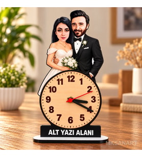 2 Kişilik Çift Temalı Kişiye Özel Karikatürlü 18 cm MDF Dikey Masa Saati - Gelin ve Damat Hediyesi Nişan ve Düğün Hediyesi