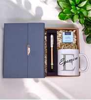 Kişiye Özel Gri Lüks Termo Deri Defter& Beyaz/Gold Detaylı Roller Kalem& Harf Baskılı Kupa& Teashop Bitki Çayı Hediye Seti