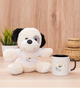 Kişiye Özel Geometrik Yaldız Tasarımlı İsimli Peluş Köpek ve Siyah Kupa