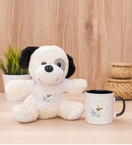 Kişiye Özel Geometrik Yaldız Tasarımlı İsimli Peluş Köpek ve Siyah Kupa