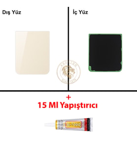 Samsung Galaxy Z Flip 5 Krem Renk Arka Kapak + B7000 Yapıştırıcı Arka Cam Batarya Kapağı Pil Kapağı Lazer Kesim Back Cover Galaxy Z Flip 5 Uyumlu