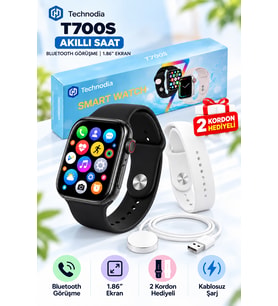 T700S 1.86 inc IPS Ekranlı Bluetooth Görüşmeli Türkçe Akıllı Saat – Çift Kordon Kablosuz Manyetik Şarjlı - 45cm - Siyah