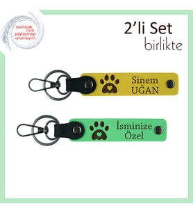 Kedi Sever Çifte Uygun Sevgililer Günü Hediyesi, Kalpli Pati Figürlü Anahtarlık Takımı, Sarı-F Yeşil