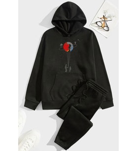 Unisex Evren Temalı Baskılı Eşofman Takımı (Siyah)