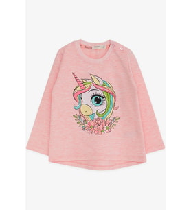 Breeze Kız Çocuk Uzun Kollu Tişört Unicorn Baskılı 1.5-5 Yaş, Somon Melanj