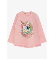 Breeze Kız Çocuk Uzun Kollu Tişört Unicorn Baskılı 1.5-5 Yaş, Somon Melanj