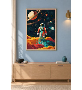 Yörüngede Astronot Retro Poster Ahşap Çerçeveli Duvar Tablosu