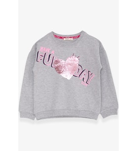 Breeze Kız Çocuk Sweatshirt Pullu Yazı Baskılı 4-8 Yaş, Açık Gri Melanj